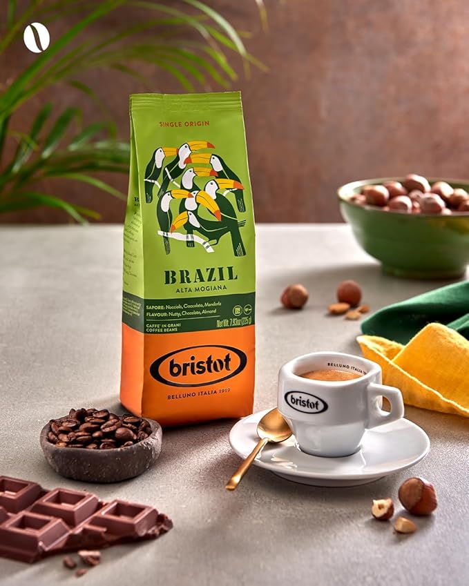 Bristot Single Origin Brazil Alta Mogiana ??Italian Espresso Beans ??100% Arabica ??Medium Roast ??Notes of Nutty, Chocolate & Almond ??7.93 oz ??225 g