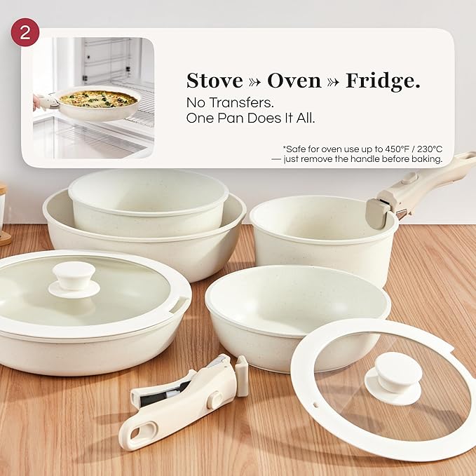 GOURMETIFIC짰 Pots and Pans Cookware Set [11 PIECES] - Non Toxic Ceramic Coated Cooking Ware - Induction, Gas & Oven Kitchenware - Non Stick Pot & Pan with Removable Handles & Stackable (Cream)