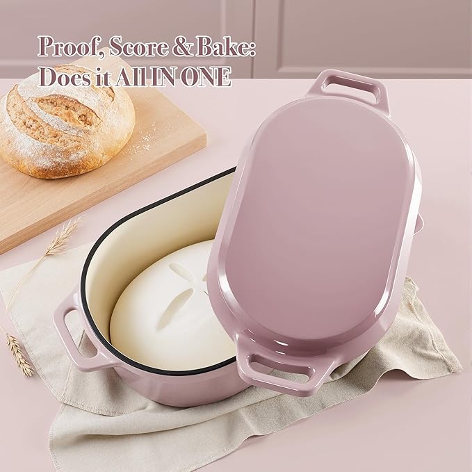 Dutch Oven for Bread Baking, 6 QT Bread Dutch Oven for Sourdough, Enamelled Cast Iron Bread Oven with Lids, Heavy-Duty Non Stick Sourdough Loaf Pan, Meatloaf Pan, Pink