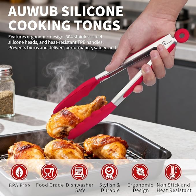 Salad Tongs, 7/9/12/16 Inch Silicone Food Tongs with 304 Stainless Steel Core, Easy-Grip, in Pistachio, Black, Blue, Orange, Red (Red, 7inch)