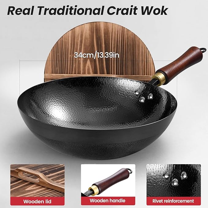 Carbon Steel Wok Pan, 13.5?쿥oks & Stir-Fry Pans with Wooden Lid Cookwares, Nonstick Wok, No Chemical Coated Round Bottom Hand Hammered Chinese Wok For Gas