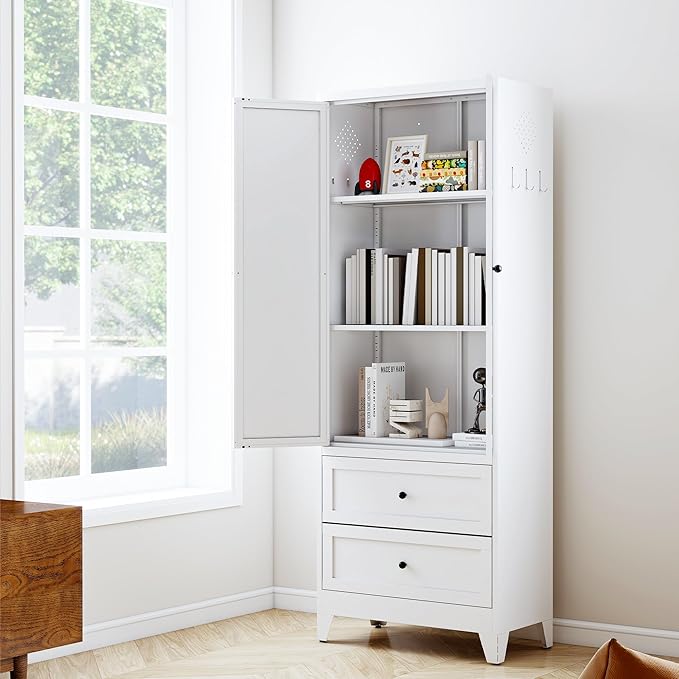 White Steel Pantry Cabinet with 2 Drawers & 2 Adjustable Shelves, Tall Metal Storage Cabinets for Kitchen, Living Room, Bathroom, Heavy Duty Freestanding Utility Cabinet, Assembly Require