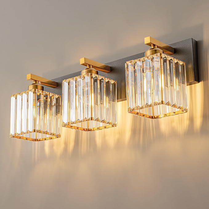 Modern Bathroom Vanity Light 3-Lights Black Gold Crystal Bathroom Wall Light Vanity Light Fixturesï¼?0.47-inch Modern Minimalist Design