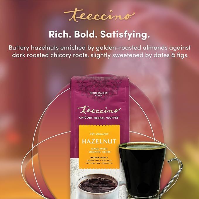 Teeccino Chicory Coffee Alternative - Hazelnut - 11 Ounce - Ground Herbal Coffee That?™s Prebiotic, Caffeine Free & Acid Free, Medium Roast