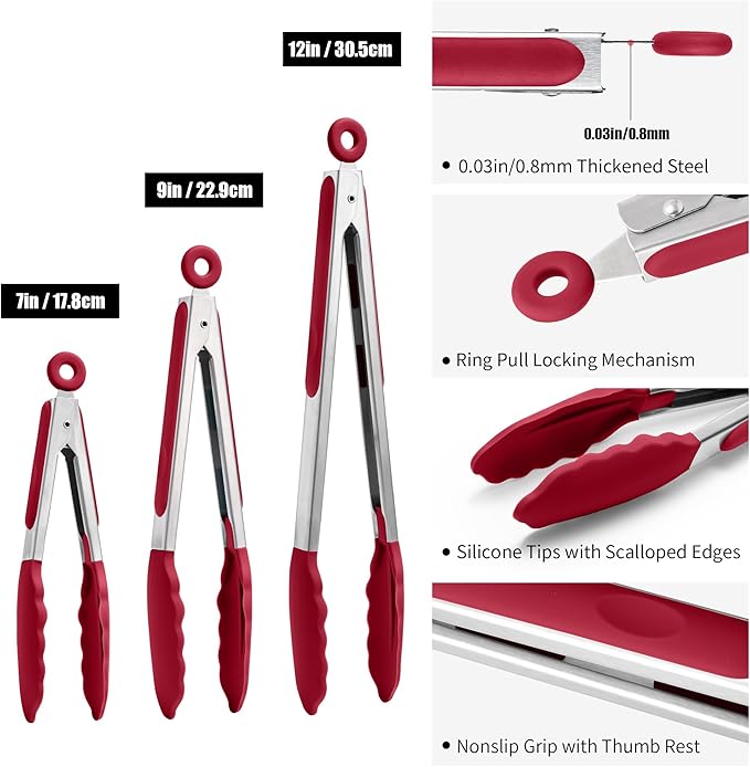 Doosu Kitchen Tongs for Cooking - 600째F Heat Resistant Food Tong Set with Non-Scratch Silicone Tips, Heavy Duty Stainless Steel Locking Tong for BBQ, Grilling Steak, Serving Salad (7+9+12in, Red)
