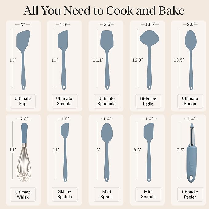 GIR: Get It Right 10-Piece Spatula Set & Silicone Utensils for Kitchen - Slate - Heat Resistant to 425째F - Dishwasher Friendly - Includes Ladle, Whisk, Potato Peeler & Kitchen Spoons