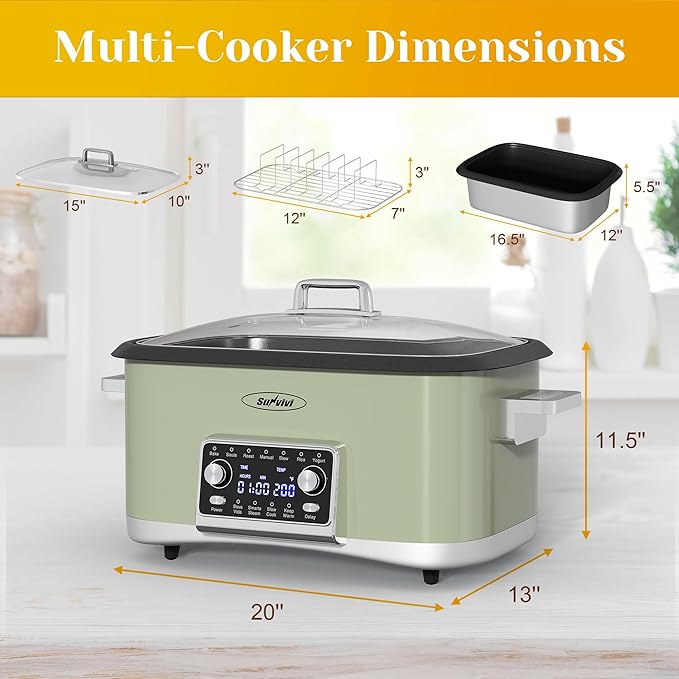 Sunvivi 8 Quart Slow Cooker Roaster Oven, 12 in 1 Programmable Multi-Cooker Food Warmer with Digital Timer, Temp Control, Removable Cast Aluminum Pot & Dishwasher-Safe Tempered Glass Lid, Green