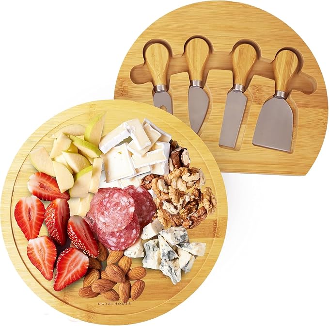 RoyalHouse Personalized Round Cheese Board, Custom Engraved Bamboo Charcuterie Board, Ideal for Weddings, Bridal Showers, and Special Occasions