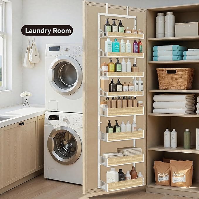 Over the Door Pantry Organizer, 8-Tier Door Organizer Hanging, Spice Rack with Adjustable Baskets, Heavy Duty Door Organizer for Kitchen Storage Metal Hanging for Laundry Bathroom Bedroom, White