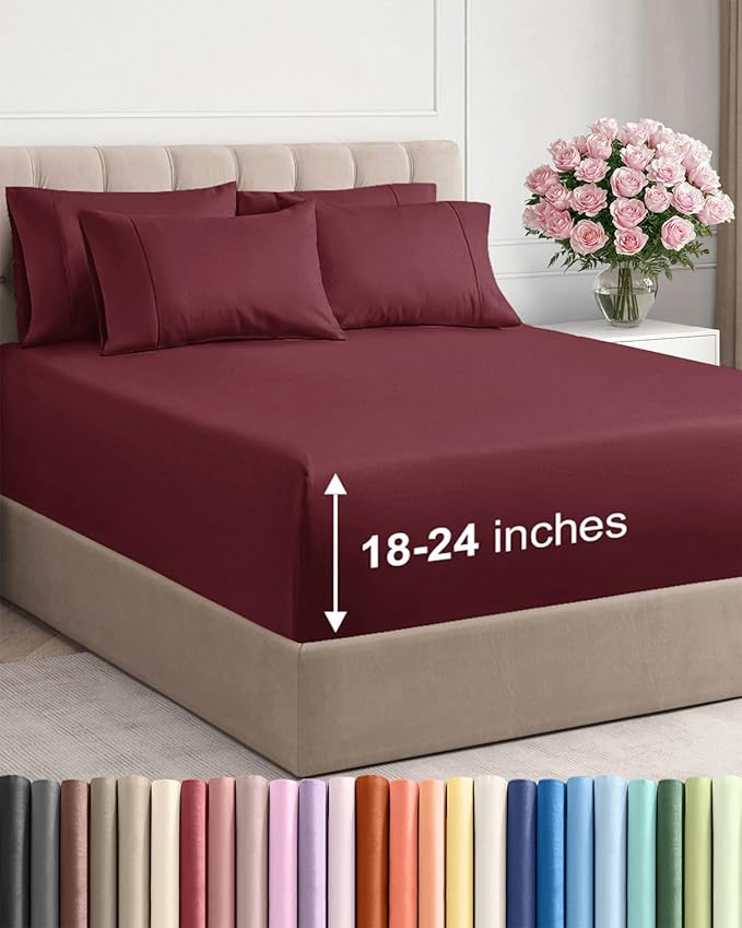 Extra Deep Queen Sheet Set - 6 Piece Breathable & Cooling Sheets - Hotel Luxury Bed Sheets Set - Easy & Secure Fit - Soft, Wrinkle Free & Comfy Sheets Set - Burgundy Sheet Set with Extra Deep Pockets