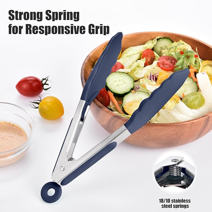 Doosu Kitchen Tongs for Cooking - 600째F Heat Resistant Food Tong Set with Non-Scratch Silicone Tips, Heavy Duty Stainless Steel Locking Tong for BBQ, Grilling Steak, Serving (7+9+12in, Navy Blue)