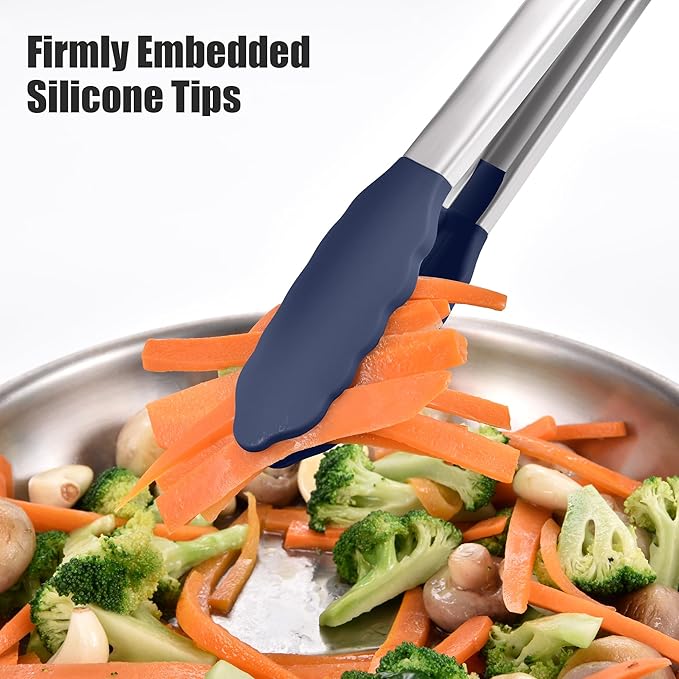 Doosu Kitchen Tongs for Cooking - 600째F Heat Resistant Food Tong with Non-Scratch Silicone Tips, Heavy Duty Stainless Steel Locking Tong for BBQ, Grilling Steak, Serving Salad Pasta (12in, Navy Blue)