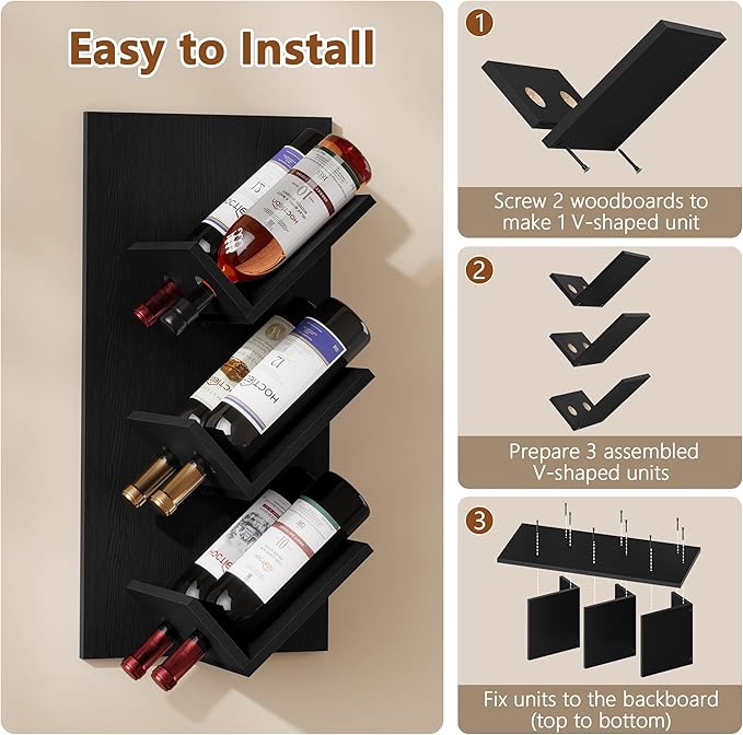 Hoctieon Wine Rack Wall Mounted, 6 Bottles Hanging Wine Racks Bar Shelves for Display & Storage, Rustic Wood Wine Bottle Holder for Home Bar, Kitchen, Dining Room, Black