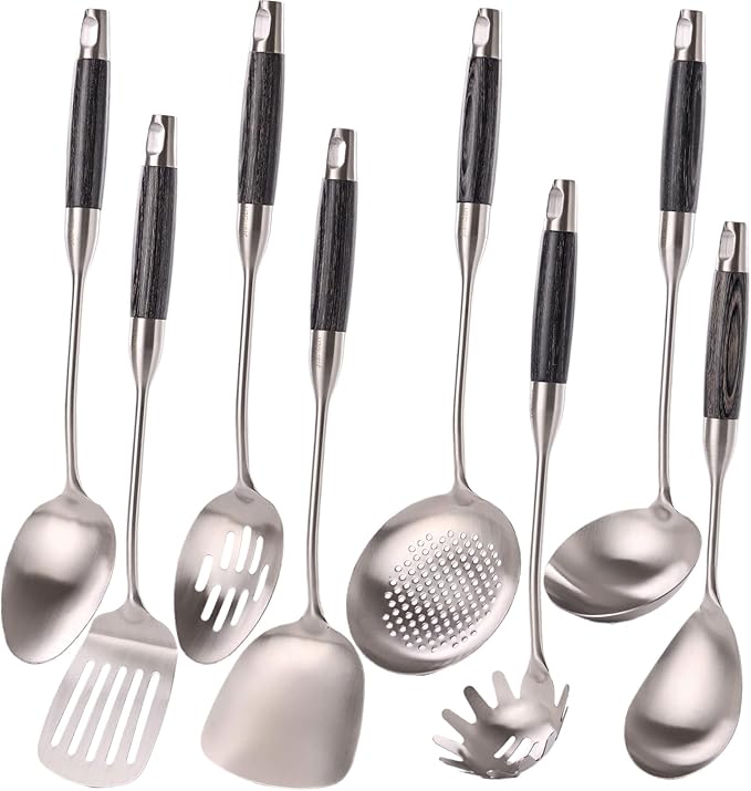 18/10 Stainless Steel Kitchen Utensils Set with Wooden Handle, 8Pcs 15??Long Cooking Utensil Set & Kitchen Gadgets Cookware Set, Serving Utensils-Spatula, Turner, Pasta, Serving Spoon, Skimmer, Ladle