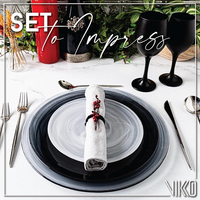 Vikko Lunch Plates, Set of 4 White Alabaster Plates, 8.5" Plate with Marbelized, Swirl Design, Elegant Glass Entr챕e Plate, Dishwasher Safe