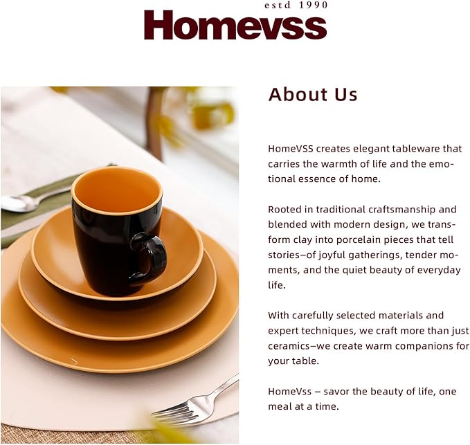 Stoneware Two-Tone Colors Life 16pc Dinner Set竊똎utside Shiny Black + Inside Matte Glaze Curry