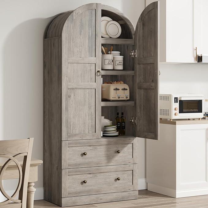 CABIHOME 72" Tall Arched Kitchen Pantry Cabinet, Freestanding Farmhouse Storage Cupboard with Doors, Drawers & Shelves, Versatile Wooden Organizer for Dining Room, Living Room, Rustic Gray