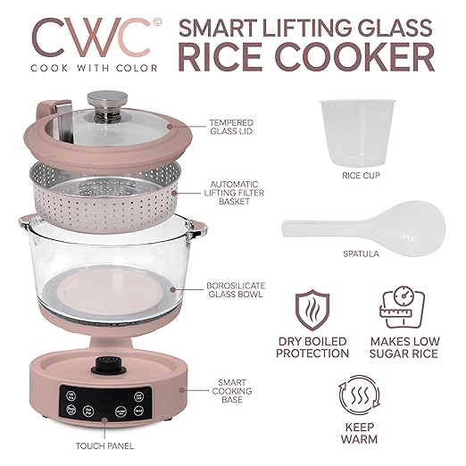 COOK WITH COLOR 3L Glass Mini Low Carb Rice Cooker ??Holds 2 Cups Raw/Makes 6 Cups Cooked with Auto Lift Filter Basket, Hotpot & Steamer for Rice, Grains, Digital Panel with Keep Warm, Dusty Rose