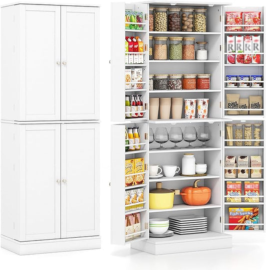 Giantex Kitchen Pantry Cabinet, 65.5" Tall Kitchen Hutch w/8-Tier Storage Cabinet, 16-Tier Door Shelves & Adjustable Shelves, 4-Door Freestanding Buffet Sideboard for Dining Room, Living Room, White
