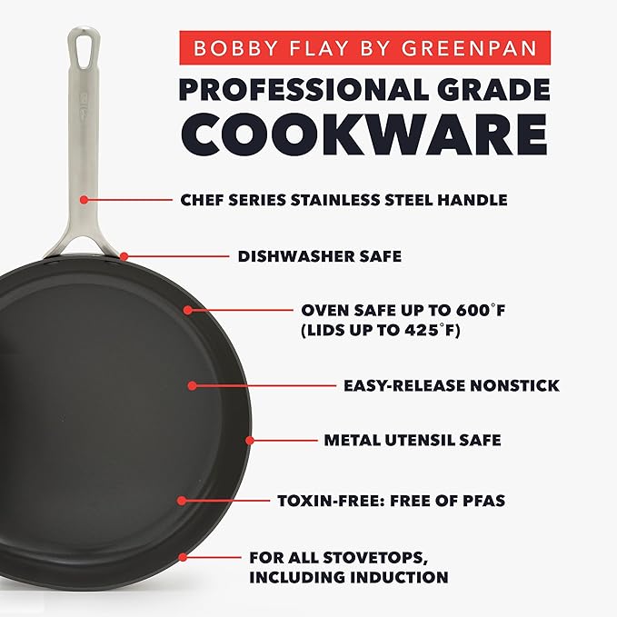 GreenPan x Bobby Flay 10??& 12??Hard Anodized Ceramic Nonstick Frying Pan Set, PFAS-Free, Induction Compatible Skillets, Oven & Broiler Safe to 600?F, Dishwasher Safe, Black