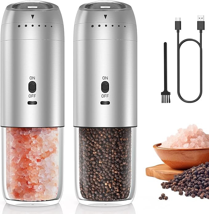 Gravity Automatic Electric Salt and Pepper Grinder Sets with LED Light, Fast Charging, 6 Coarseness, 176ml Capacity