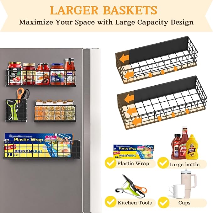 Ofiray-home Magnetic Fridge Shelf, 4-Pack Metal Strong Magnet Rack, Space Saving Spice Organizer, Utensil Holder, Fruit Potato Onion Storage Bins, Black Refrigerator Organizers and Storage