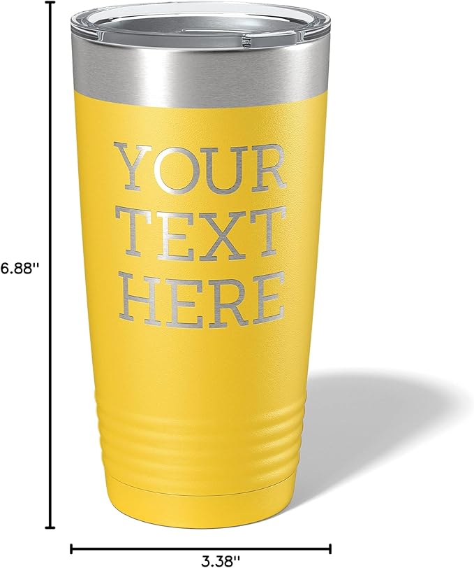Personalized 20oz (17 Colors) Powder Coated Insulated Stainless Steel Tumbler with Lid, Custom Etched, Customized Text Message Name, Engraved Gift Idea Women Men Him Her, Your Text Here (Yellow)