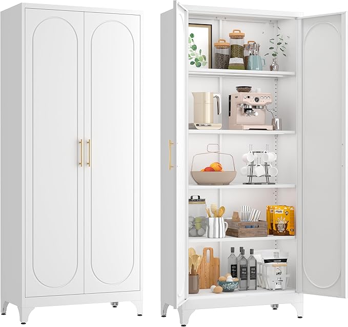 75??Tall Kitchen Pantry Cabinet,Metal Storage Cabinet with Doors and Adjustable Shelves,Modern Kitchen Hutch Cabinets,Freestanding Cupboard for Dining Living Room
