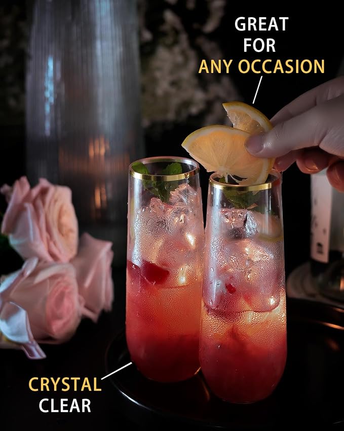 48 Pcak Champagne Flutes Plastic, 9 Oz Disposable Stemless Mimosa Gold Rim Toasting Glasses, Clear Crystal Plastic Cocktail Cups for Party Wedding Birthday