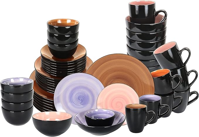 Stoneware Sonoma Dinnerware Set, Black + Speckled Spin Wash (56pc Set, Mix Cobalt, Mocha, Rose, Spice)