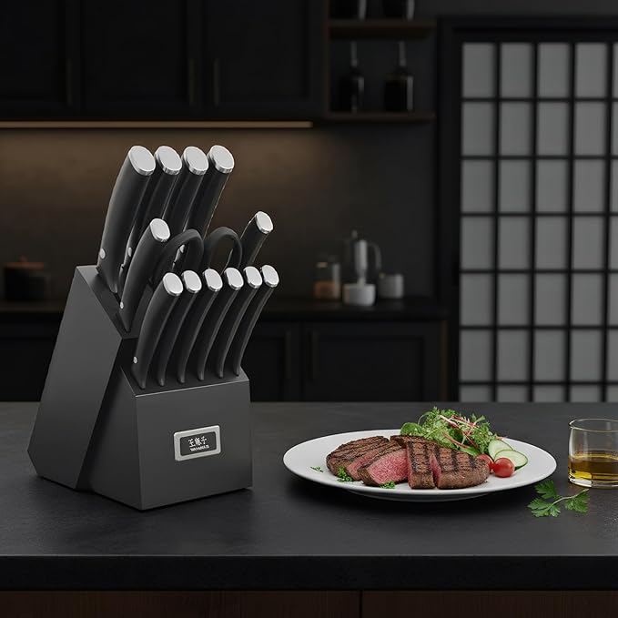 Newly Updated Chef Knife Set Sharp Blade Rivet Ergonomic Handle Knife Block Set Hundreds of Years of Masterful Craftsmanship(Black,15PCS)