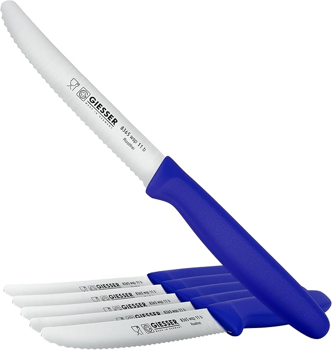 Giesser since 1776, Made in Germany, Serrated kitchen knives round tip dishwasher safe 4.5 inch - Tomato knife, Steak knive set of 6 (Blue)