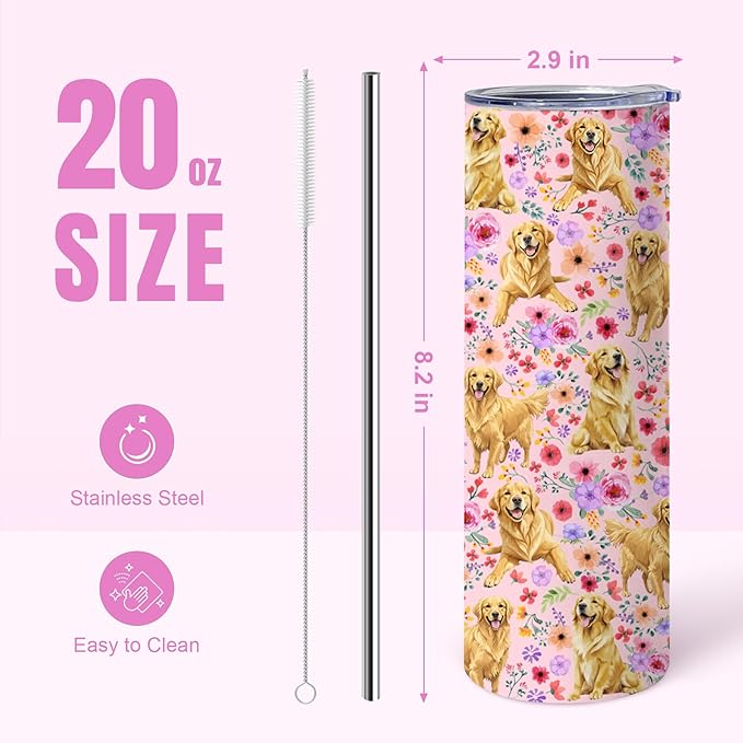 Yogusut Golden Retriever Gifts for Women, 20oz Stainless Steel Insulated Tumbler Travel Mug Cup with Lid Straw Brush, Gifts for Dog Mom Dog Lover