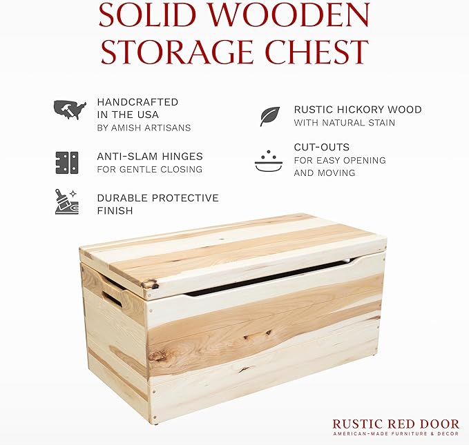 Hope Woodworking Amish Made Wooden Storage Chest Trunk Box with Lid and Handles for Bedroolanket, Clothes, Anti-Slam Hinges, Handmade, Rustic Hickory Wood, Natural Stain, 36"