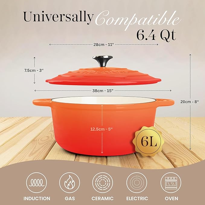 Nuovva Enamelled Cast Iron Dutch Oven Pot with Lid ??6.4 Quart Non Stick Casserole Pot ??Heavy Duty & Oven Safe up to 500째 F for Bread Baking, Braising, Stews, Roasting ??28cm Orange