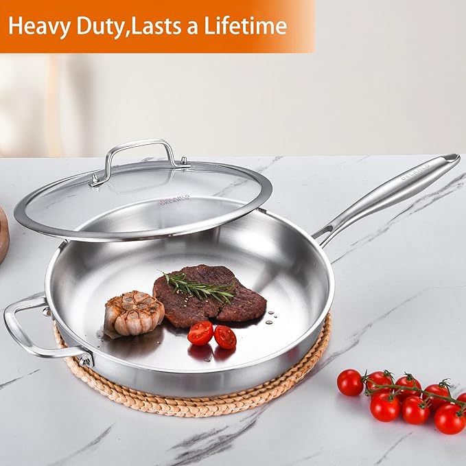 DELARLO Stainless Steel Pan 14-Inch, Large Frying Pan with Lid, Heavy Duty, Compatible with Induction, Gas and Electric up to 650?? Fast & Even Heating, Durable, Dishwasher, Oven Safe Skillet