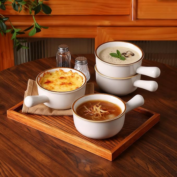 MONITO 16 Oz French Onion Soup Bowls, Ceramic Soup Bowls with Handles, Stackable Soup Crocks Oven Safe for Chili, Beef Stew, Cereal,Casseroles Microwave & Dishwasher Safe, Set of 4, White