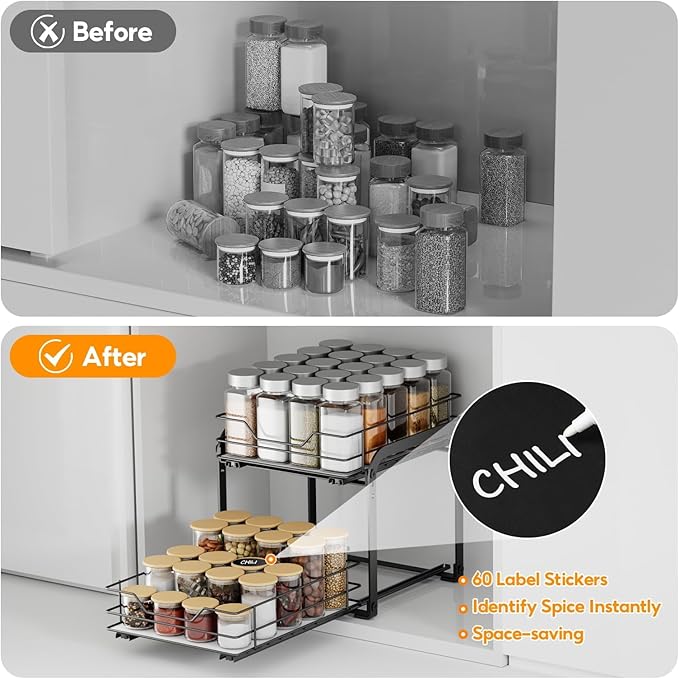 Spice Rack Organizer for Cabinet, 2 Tier Vertical Pull Out Spice Rack ??Heavy Duty Metal Spice Organization for Cabinet, 40-Jar Capacity, Height Adjustable Cabinet Organizer (9"W횞10.5"D횞9"H, Black)