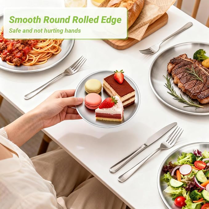 Stainless Steel Plates, 6 Set 6.7 inch Mini 201 Metal Food Serving Plate, Reusable Snack Eating Dishes Round Sturdy Brushed Finish Dish Silver Dinnerware for BBQ Dinner Oven Dishwasher Safe