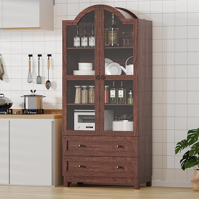 EasyCom 71 Tall Arched Pantry Cabinet, Farmhouse Wood Kitchen Cabinet with 2 Large Drawers, 4-Tier Storage Cabinet with Adjustable Shelf & Magnetic Clasp Doors for Living Room, Dining Room, Brown