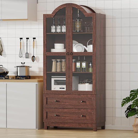 EasyCom 71 Tall Arched Pantry Cabinet, Farmhouse Wood Kitchen Cabinet with 2 Large Drawers, 4-Tier Storage Cabinet with Adjustable Shelf & Magnetic Clasp Doors for Living Room, Dining Room, Brown