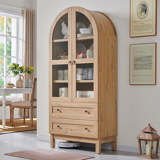 71" Tall Arched Kitchen Pantry, Modern Farmhouse Wood Kitchens Storage Cabinets with 2 Large Drawers and Adjustable Shelves, Versatile Cupboard for Kitchen, Dining Room, Bathroom, Natrual