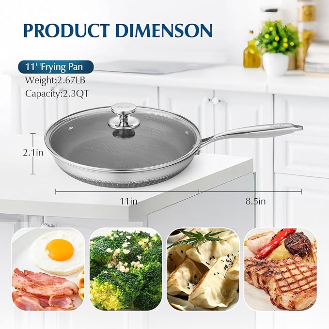 Non Stick Frying Pans, Stainless Steel Nonstick Fry pan with Honeycomb for Kitchen Cooking - 11??Skillet with Lid for Cookware - Works with Induction Cooktop Ceramic and Gas.