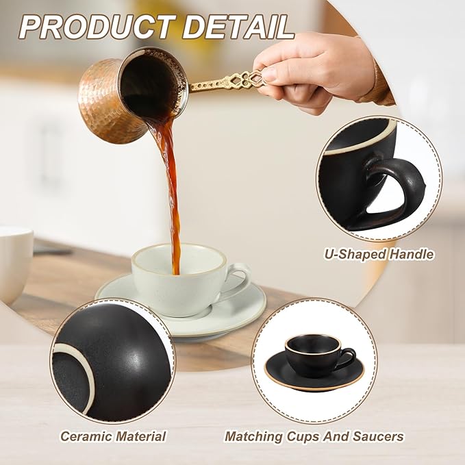 uxcell Handmade Vintage Espresso Cups, 9.5 oz Coffee Cups and Saucers Ceramic Tea Cup with Handle Dishwasher and Microwave Safe for Latte Cappuccino Milk Office Home Gifts, Morandi Black