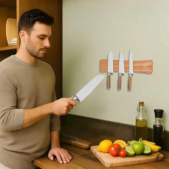 Premium Oak Wood Magnetic Knife Strip, 16" Magnetic Knife Holder for Wall with N52 Neodymium Magnets (Supreme Grade), Professional Knife Magnetic Strip Organizer for Kitchen Knives &Tools,No Drilling
