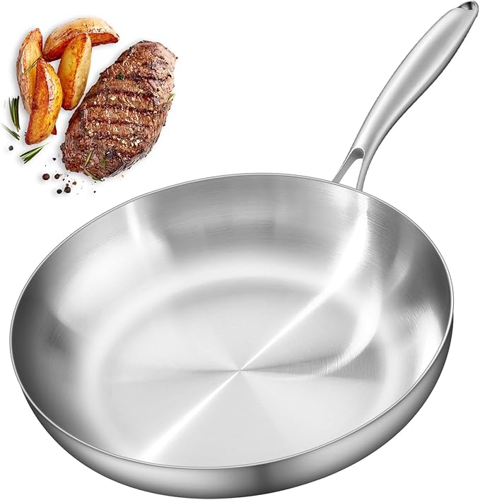 12" Stainless Steel Frying pan, 3-Ply Stainless Steel Pan, Induction, Oven Broiler Safe 600F Skillet, Professional Cookware, Silver竊똕uitable for All Stove (Detachable Handle)