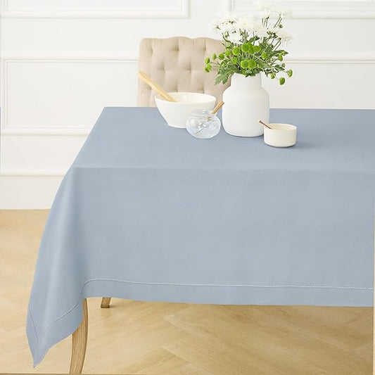 Solino Home Linen Tablecloth 52 x 52 Inch - 100% Pure Linen Dusty Blue Square Tablecloth - Classic Hemstitch, Machine Washable Table Throw for Winter, Spring, Easter