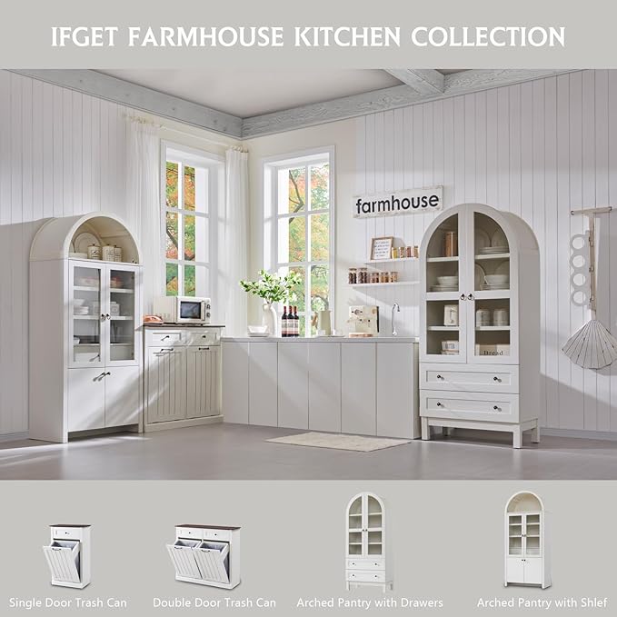 71" Tall Arched Kitchen Pantry Cabinet, Wood Kitchens Storage Cabinets with 2 Large Drawers and Adjustable Shelves, Modern Farmhouse Versatile Cupboard for Kitchen, Dining Room, Bathroom, White
