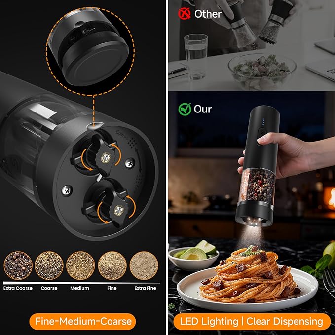 Electric Salt and Pepper Grinder Shakers 2 IN 1-Rechargeable Automatic Pepper Mill,with LED Lighting,Adjustable Grinder,Large Capacity-Ideal for Kitchen (Black)