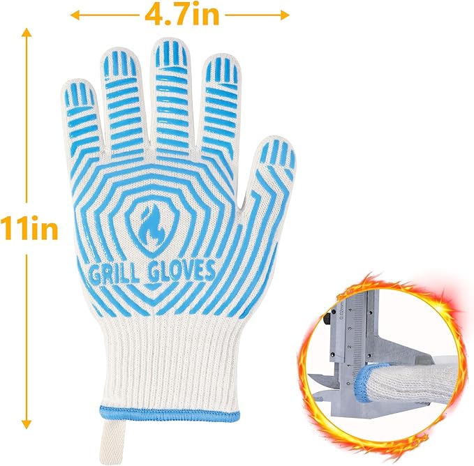 QUWIN BBQ Gloves, Oven Gloves 1472??Extreme Heat Resistant, Grilling Gloves Silicone Non-Slip Oven Mitts, Kitchen Gloves for BBQ, Grilling, Cooking, Baking-1 Pair??(Blue, One Size Fits Most)